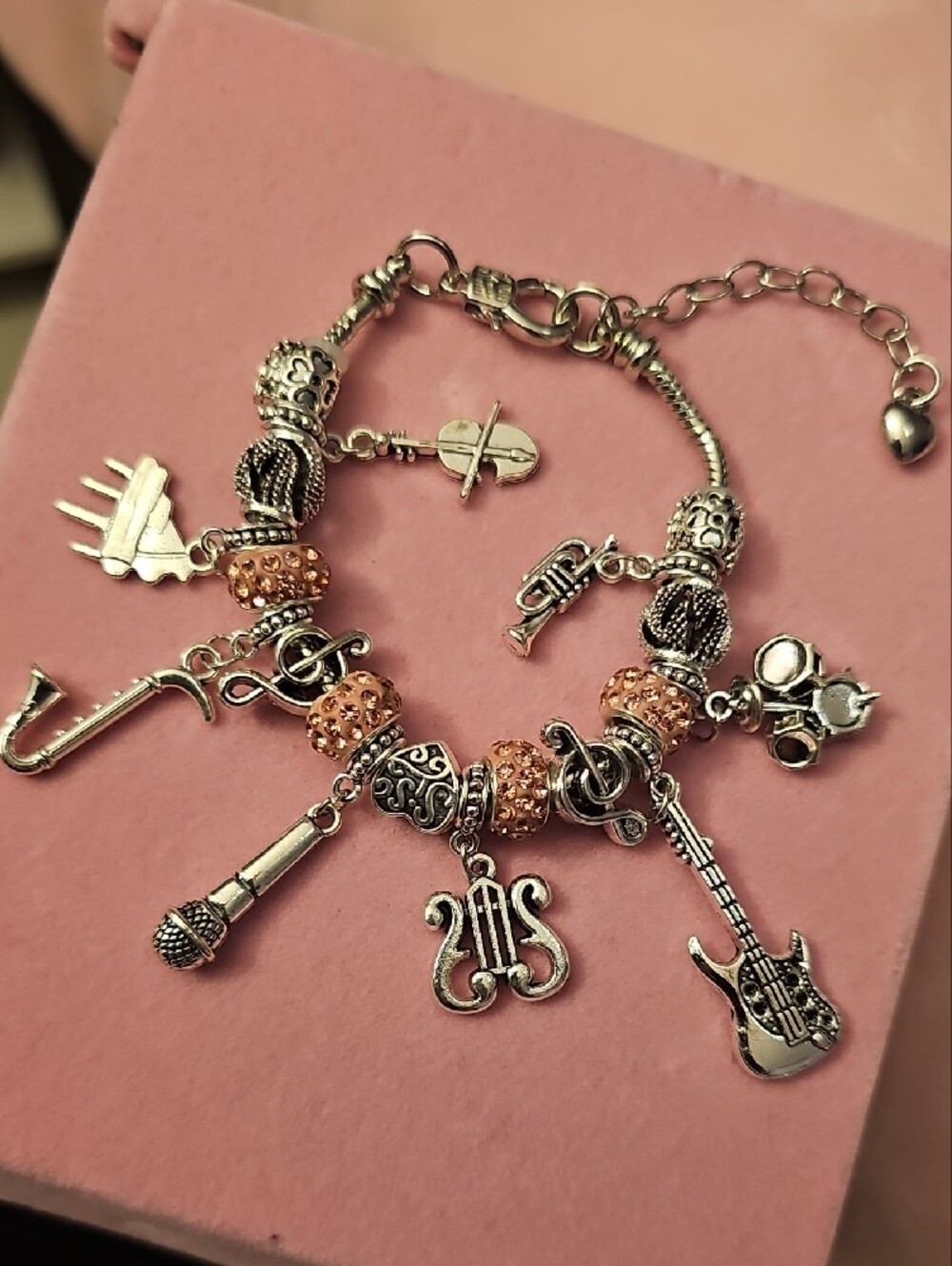 Silver-Tone Music Charm Bracelet with Pink Accent Beads